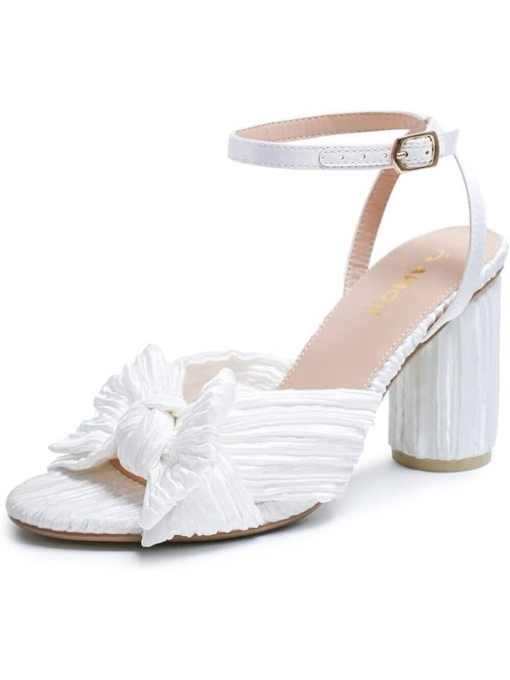 🆕Women White Ankle Strap Bowknot Chunky Wedding Party Dress Shoes Heeled Sandal